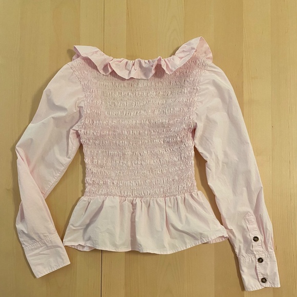 Ganni pink square neck blouse with ruffles sz 32 - Picture 2 of 5